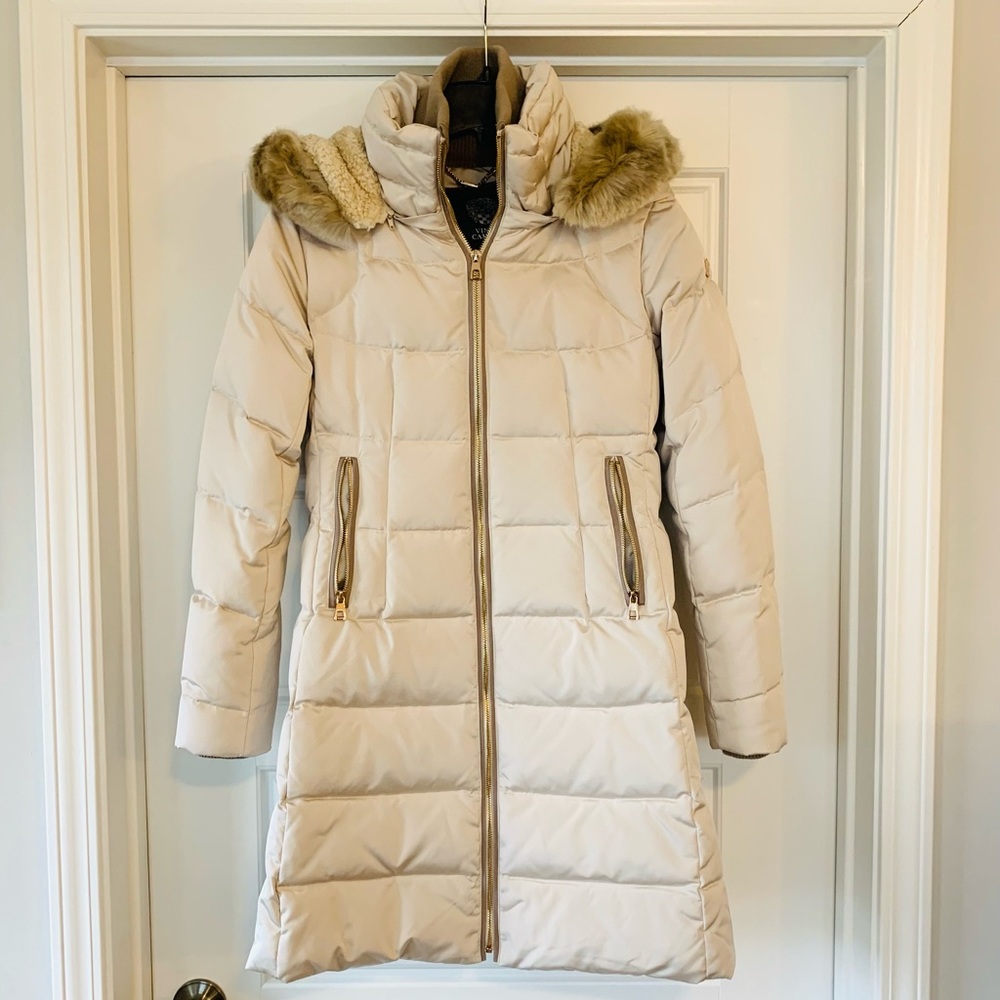 Vince Camuto Coat w/ Removable Fur Hood - Size S - Off White/Cream/Light Gold